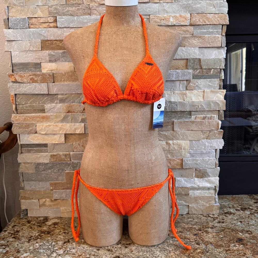Roxy Crochet Bikini Triangle Top Tie Side Cheeky Bottom Small NEW Bright Orange